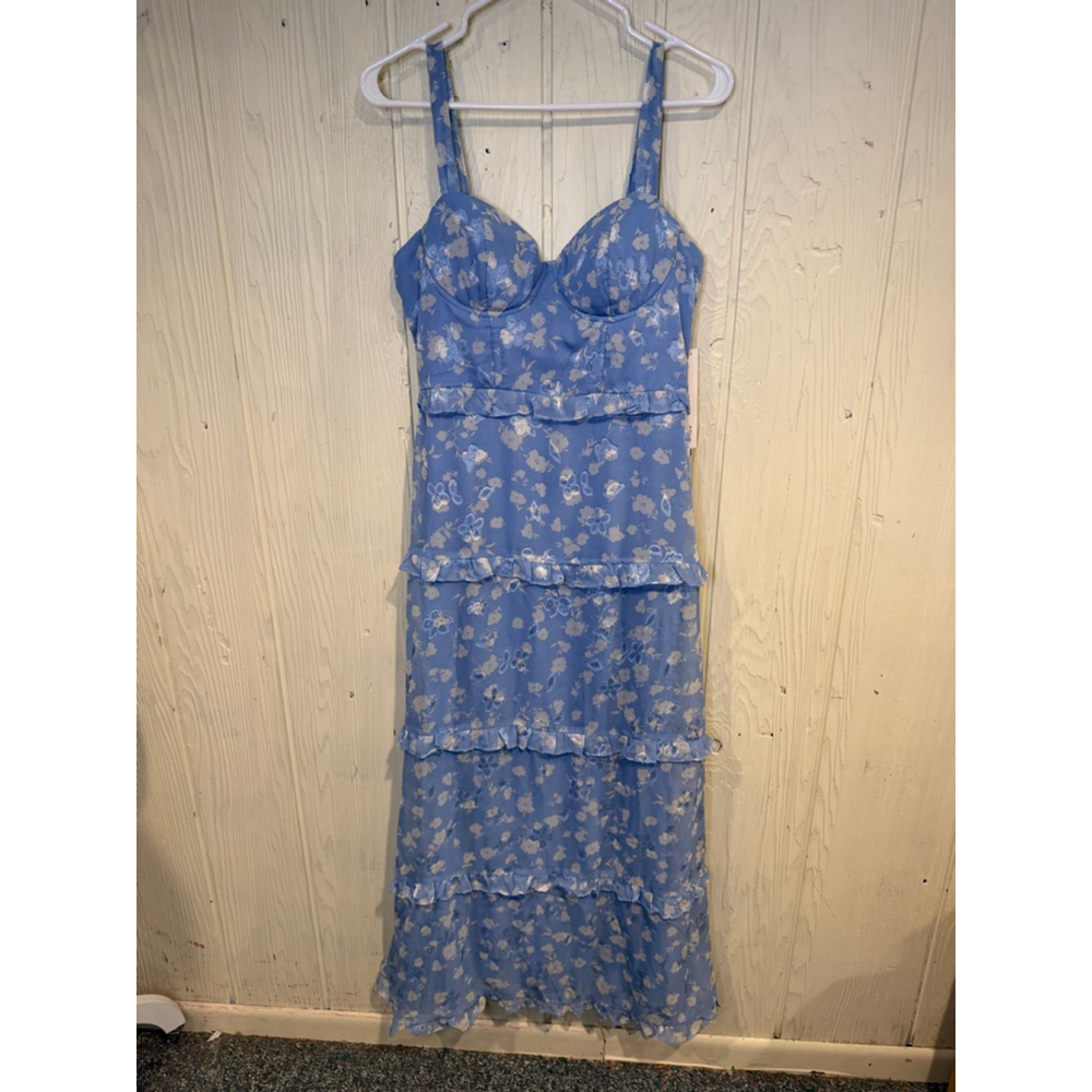Women's AQUA Blue & White Floral Tiered Midi Dress, Size L